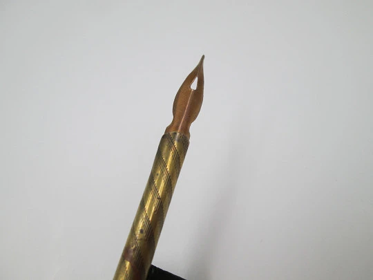 Dip calligraphy pen with letter opener. Painted bone & golden metal. Openwork motifs. 1900s