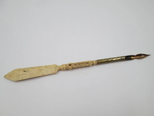 Dip calligraphy pen with letter opener. Painted bone & golden metal. Openwork motifs. 1900s