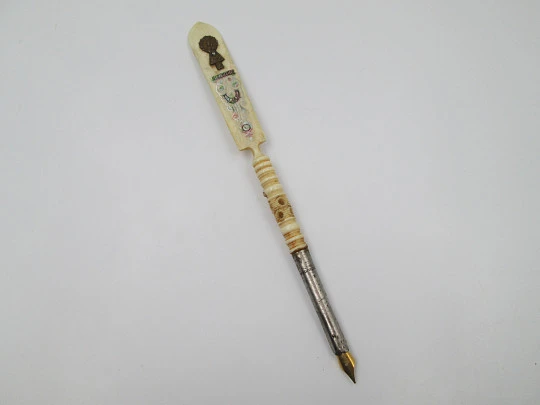 Dip calligraphy pen with letter opener. Painted bone & metal. Our Lady of the Pillar. 1900s