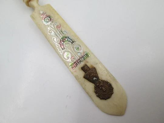 Dip calligraphy pen with letter opener. Painted bone & metal. Our Lady of the Pillar. 1900s