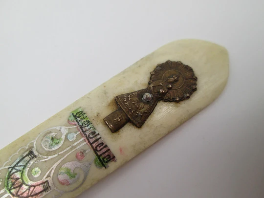 Dip calligraphy pen with letter opener. Painted bone & metal. Our Lady of the Pillar. 1900s