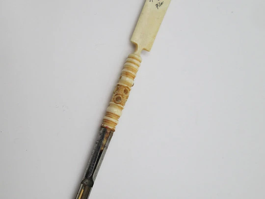 Dip calligraphy pen with letter opener. Painted bone & metal. Our Lady of the Pillar. 1900s