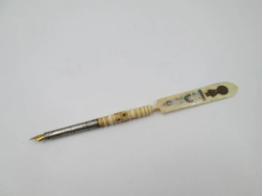 Dip calligraphy pen with letter opener. Painted bone & metal. Our Lady of the Pillar. 1900s