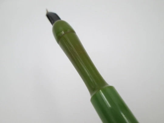 Dip calligraphy pen. Green bitone resin. Silver plated nib. Europe. 1960's