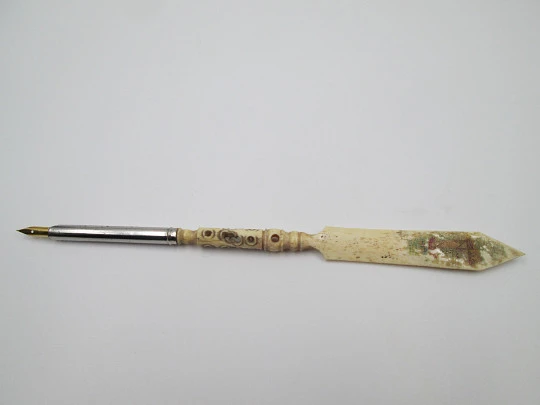 Dip calligraphy pen. Painted ivory and silver plated. Geometric motifs. 1900