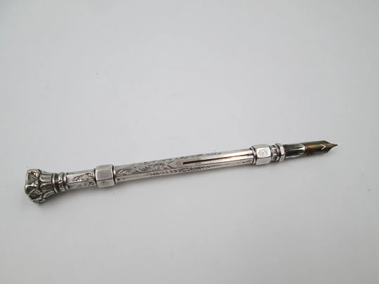 Dip pen & propelling pencil combination. Sterling silver. Amber stone. 1900''s