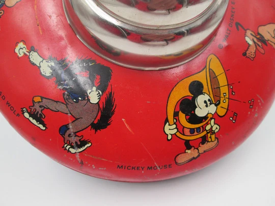 Disney Enterprises toy spinning top. Lithographed tinplate. Seven characters. 1930