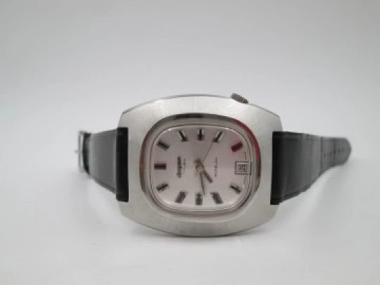 Dispae. Manual wind. Calendar. Stainless steel. Black strap. 1970's. Swiss