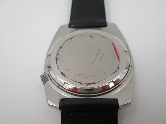 Dispae. Manual wind. Calendar. Stainless steel. Black strap. 1970's. Swiss