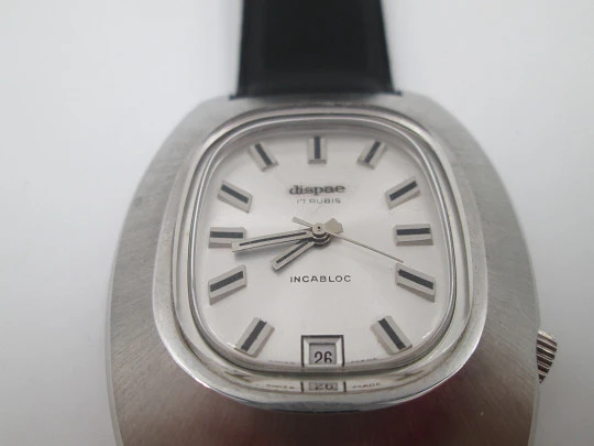 Dispae. Manual wind. Calendar. Stainless steel. Black strap. 1970's. Swiss