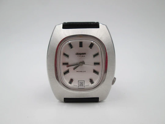 Dispae. Manual wind. Calendar. Stainless steel. Black strap. 1970's. Swiss