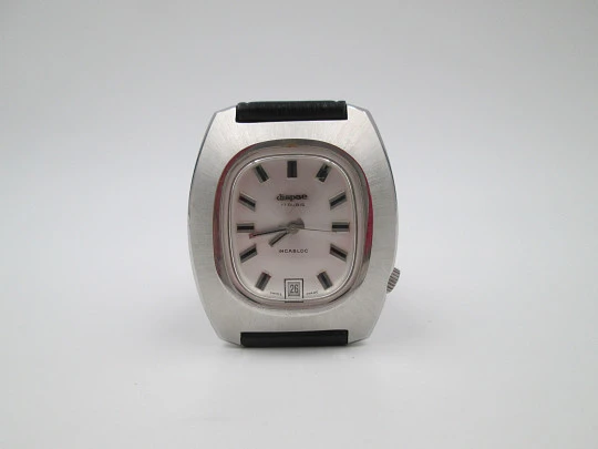 Dispae. Manual wind. Calendar. Stainless steel. Black strap. 1970's. Swiss