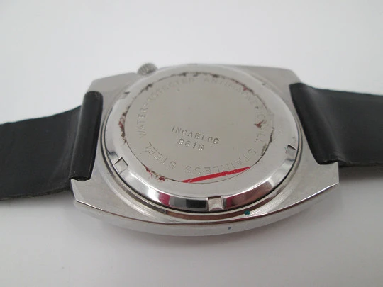 Dispae. Manual wind. Calendar. Stainless steel. Black strap. 1970's. Swiss