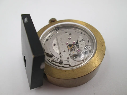 DKLB desk travel clock. Bronze. Wind-up. Calendar. Purple dial. Europe. 1970's