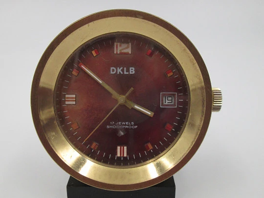 DKLB desk travel clock. Bronze. Wind-up. Calendar. Purple dial. Europe. 1970's