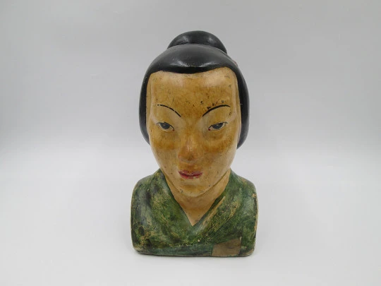 Domund piggy bank. Japanese woman bust. Polychrome plaster. Spain. 1940-50