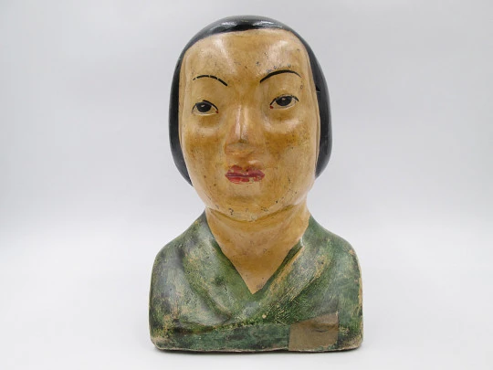 Domund piggy bank. Japanese woman bust. Polychrome plaster. Spain. 1940-50