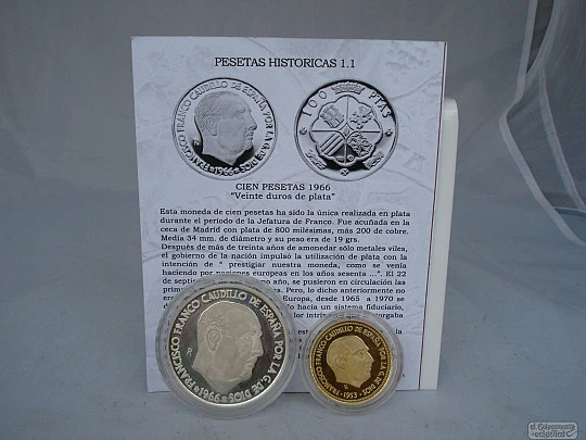 Dos monedas plata maciza pura de ley. Vermeil. Pesetas Franquistas