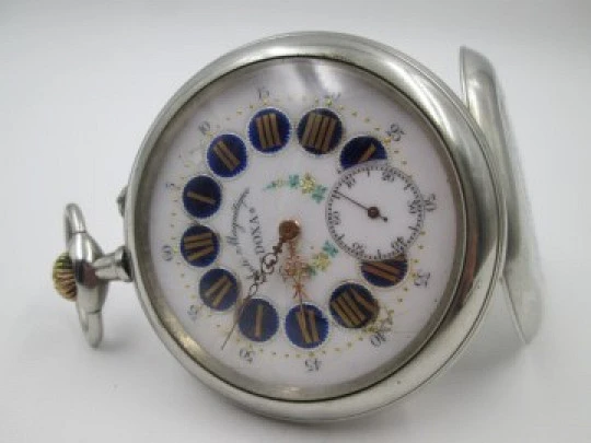 Doxa Anti Magnetic. Silver plated. Locomotive motif. Porcelain dial. 1906