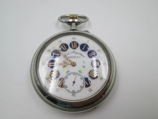 Doxa Anti Magnetic. Silver plated. Locomotive motif. Porcelain dial. 1906