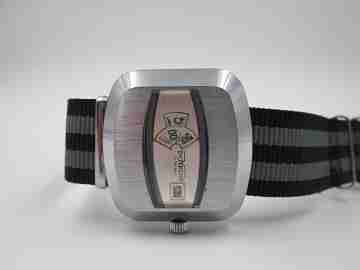 Doykon jump hours wristwatch. Metal & steel. Manual wind. Date. 1970's