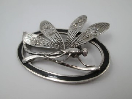 Dragon-fly women's brooch. Sterling silver, black enamel and strass. 1970's