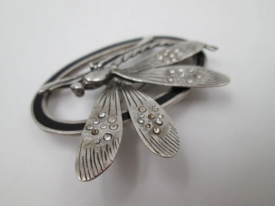 Dragon-fly women's brooch. Sterling silver, black enamel and strass. 1970's