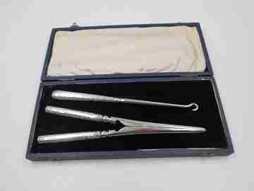 Dressing table set. Shoe buttons hook & ladies hair curler. 800 silver. 1920's
