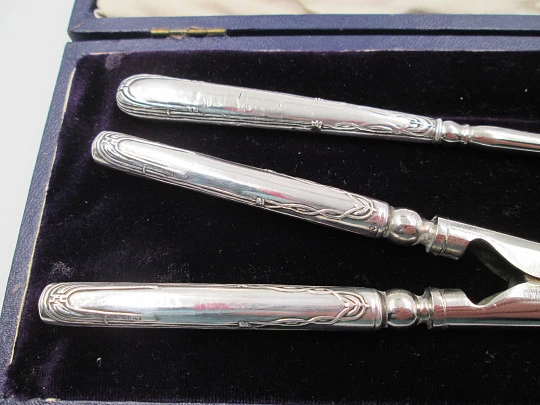 Dressing table set. Shoe buttons hook & ladies hair curler. 800 silver. 1920's