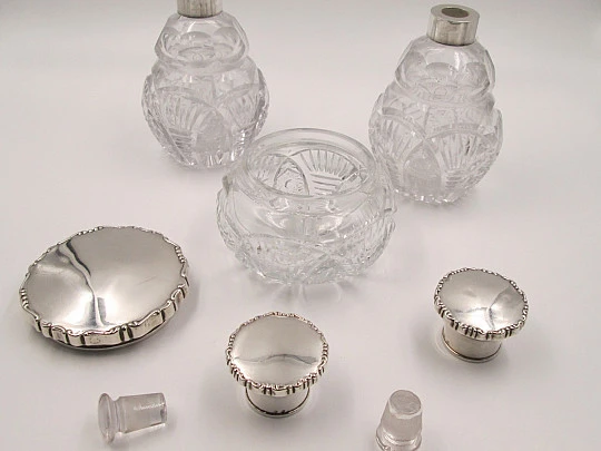 Dressing table set. Silver and cut crystal. 1940's. Box & perfume bottles