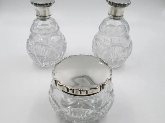Dressing table set. Silver and cut crystal. 1940's. Box & perfume bottles