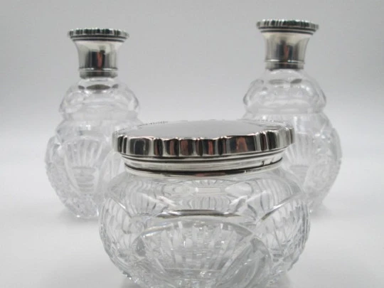 Dressing table set. Silver and cut crystal. 1940's. Box & perfume bottles