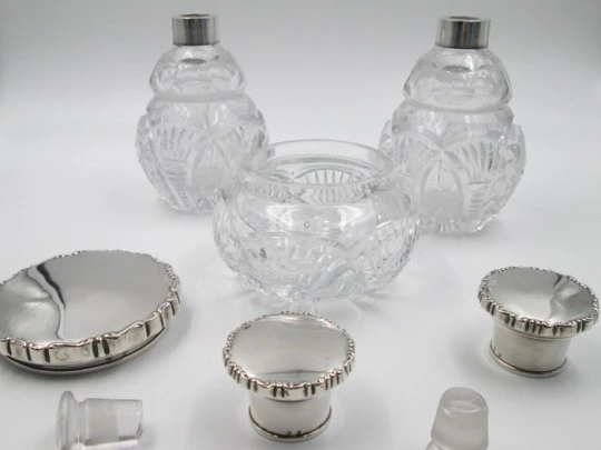 Dressing table set. Silver and cut crystal. 1940's. Box & perfume bottles