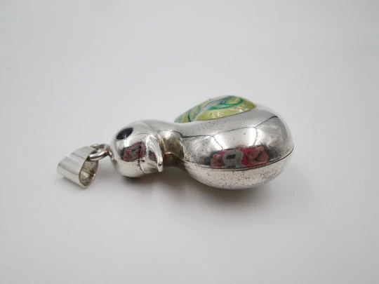 Duck women's pendant. Sterling silver and colours enamel. Ring top. 1990's