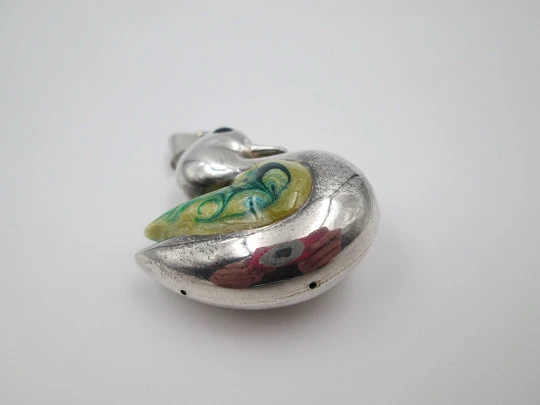 Duck women's pendant. Sterling silver and colours enamel. Ring top. 1990's