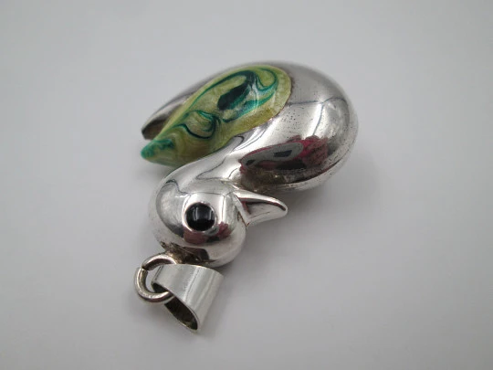 Duck women's pendant. Sterling silver and colours enamel. Ring top. 1990's