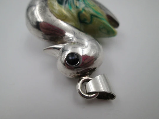 Duck women's pendant. Sterling silver and colours enamel. Ring top. 1990's