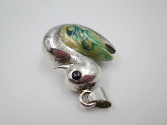 Duck women's pendant. Sterling silver and colours enamel. Ring top. 1990's