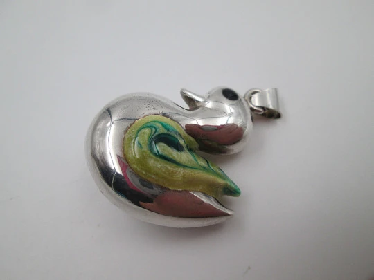 Duck women's pendant. Sterling silver and colours enamel. Ring top. 1990's