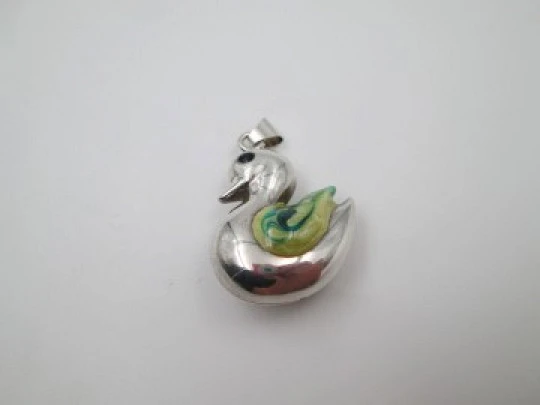 Duck women's pendant. Sterling silver and colours enamel. Ring top. 1990's