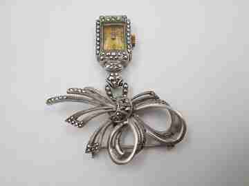 Dulux women's pendant watch. Rhodium plated metal. Sterling silver brooch. 1940's