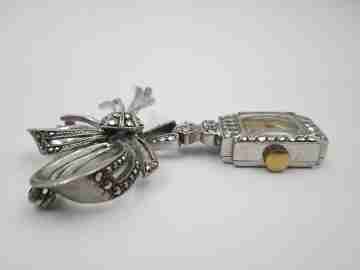 Dulux women's pendant watch. Rhodium plated metal. Sterling silver brooch. 1940's