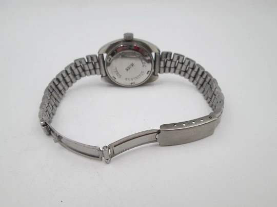 Duward reloj acero mujer. Cuerda manual. Calendario. Brazalete. Dial verde. 1970