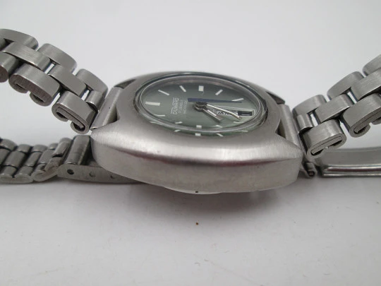 Duward reloj acero mujer. Cuerda manual. Calendario. Brazalete. Dial verde. 1970