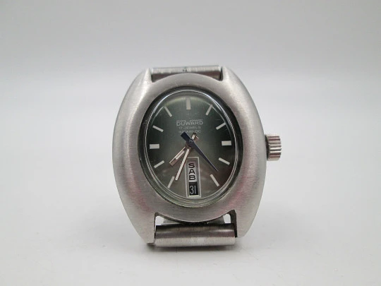 Duward reloj acero mujer. Cuerda manual. Calendario. Brazalete. Dial verde. 1970