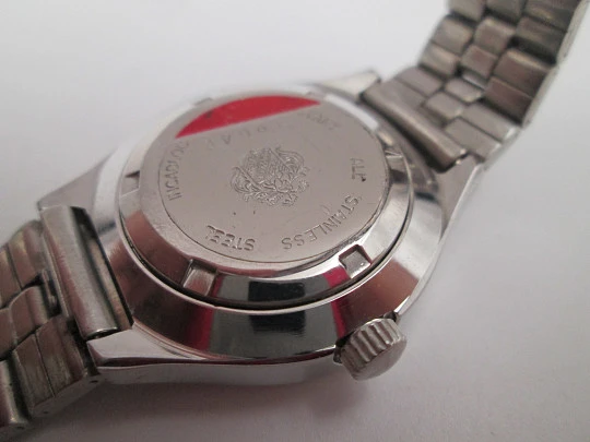 Duward Triumph mujer. Acero. Cuerda manual. Calendario. Brazalete. Esfera verde. 1970