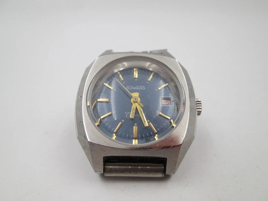 Duward Triumph women's manual wind watch. Stainless steel. Blue dial. Calendar. Bracelet