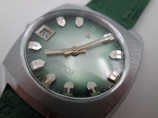 Duward unisex watch. Stainless steel & nickel metal. Manual wind. Leather strap. 1970's