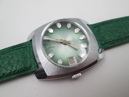 Duward unisex watch. Stainless steel & nickel metal. Manual wind. Leather strap. 1970's