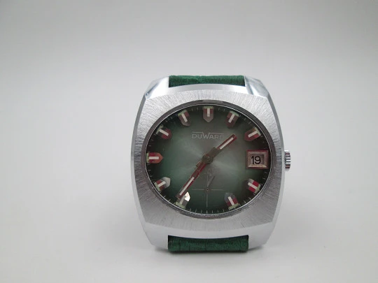 Duward unisex watch. Stainless steel & nickel metal. Manual wind. Leather strap. 1970's